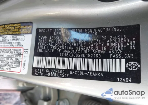 2006 Toyota Avalon Xl from USA, damaged, VIN 4T1BK36B36U152168